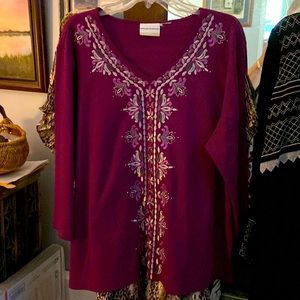 Women’s 2X Alfred Dunner Wine colored top with beautiful embroidery.